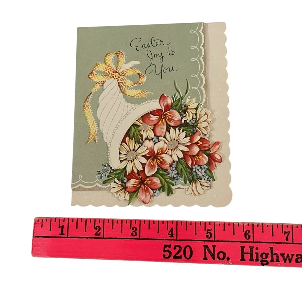 Unused Flawed Vintage Easter Joy Greeting Card Flower Cornucopia Gold Scalloped